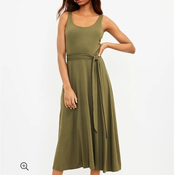 LOFT OLIVE GREEN Tie Waist Midi Dress/ SP - Picture 4 of 15